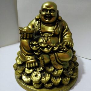laughing buddha sitting on coins